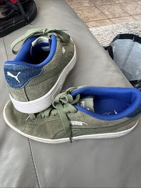 Puma Olive Green Suede Sneakers with Blue Liner